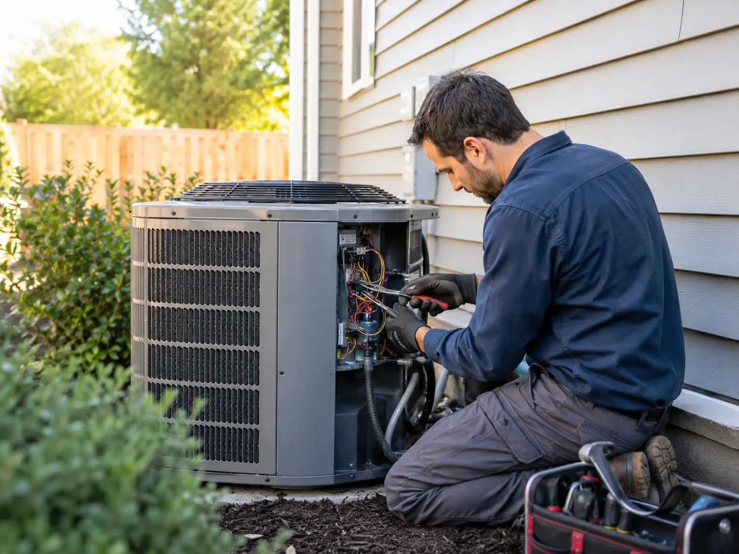 HVAC technician servicing residential outdoor air-conditioning equipment